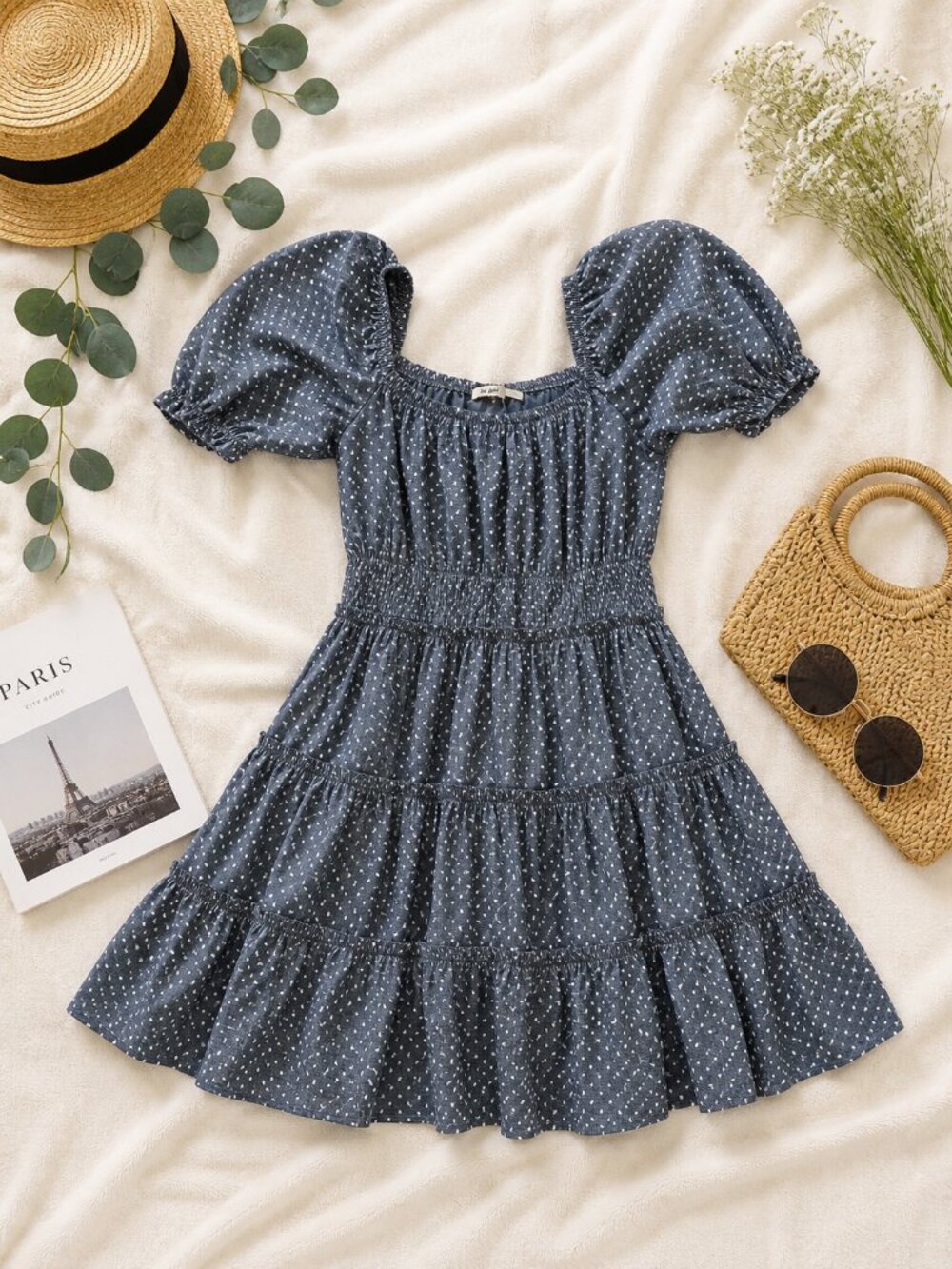 Mi Ami Blue Polka Dot Puff Sleeve Smocked Tiered Mini Dress